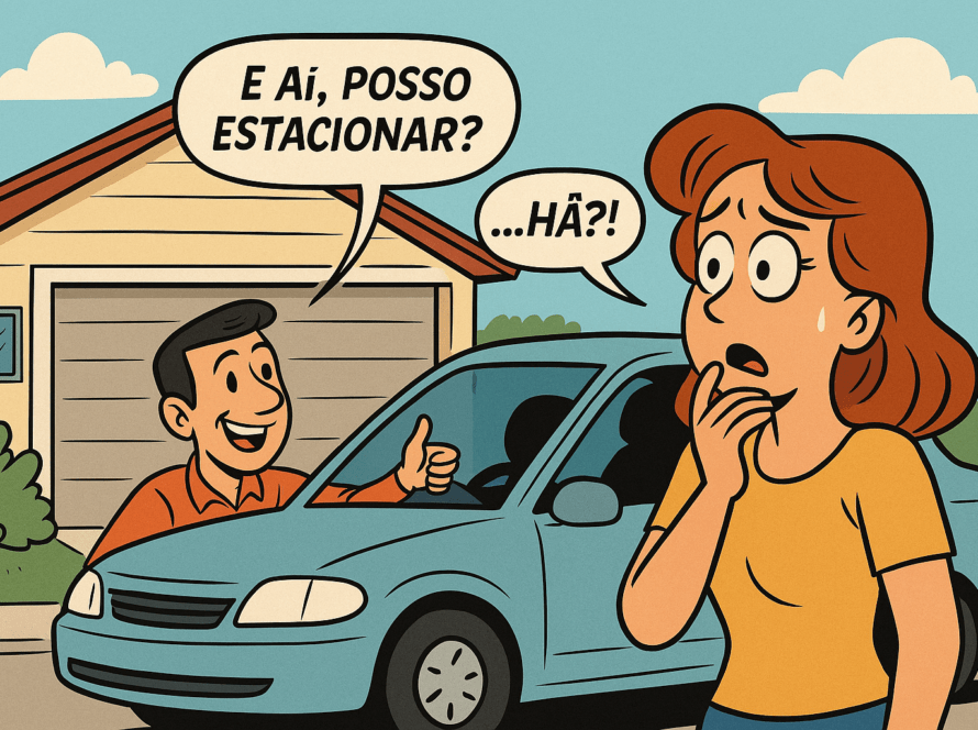 Ilustração em quadrinhos de um homem sorridente no carro pedindo para estacionar na garagem enquanto a esposa olha surpresa e indecisa.