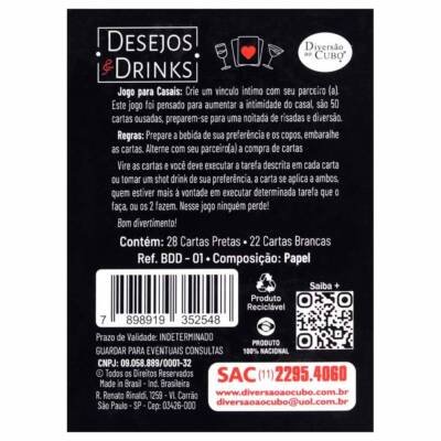 Jogo Desejos e Drinks para Casais da Diversão ao Cubo com desafios e brincadeiras.